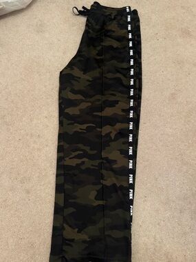 PINK Victoria's Secret Olive & Black Camo Joggers with Logo Tape